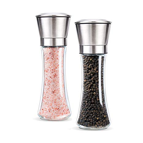 Grace Salt and Pepper Grinder Set of 2- Premium Stainless Steel Pepper Mill and Salt Mill, 6 Oz Glass Tall Body, Adjustable Coarseness