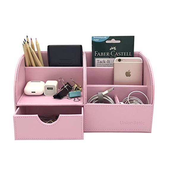 UnionBasic Multifunctional PU Leather Office Desk Organizer Business Card/Pen/Pencil/Mobile Phone/Stationery Holder Storage Box (Pink)