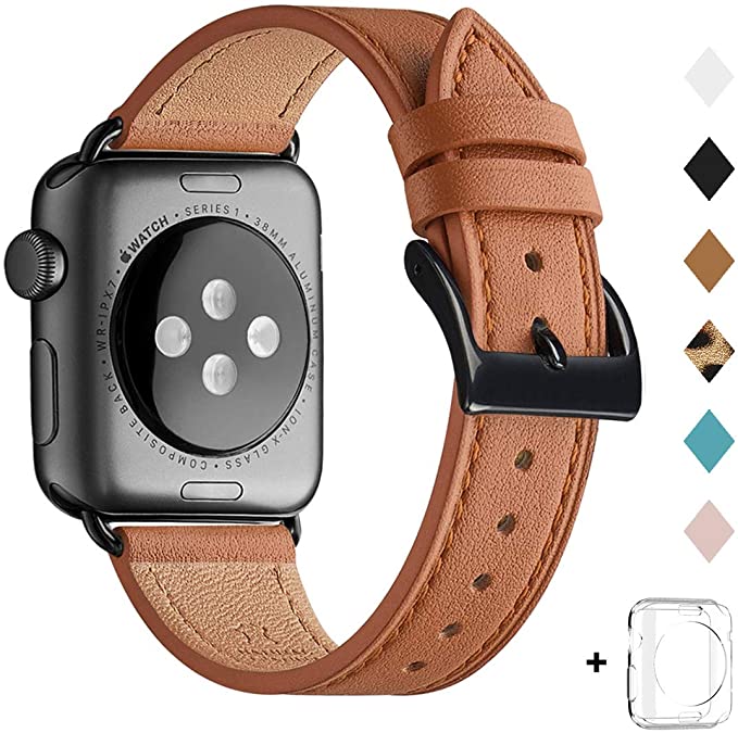 Bestig Band Compatible for Apple Watch 38mm 40mm 42mm 44mm, Genuine Leather Replacement Strap for iWatch Series 5/4/3/2/1, Sports & Edition(Brown Band Black Adapter 38mm 40mm)