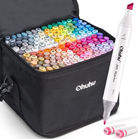 Ohuhu 120 Farben Dual Tips Permanent Marker Pens Art Markers für Textmarker mit Tragetasche zum Zeichnen, Skizzieren, Färben, Hervorheben und Unterstreichen von Erwachsenen