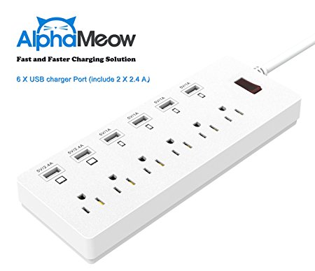 Power Strips 6-Outlet Surge Protector 6ft Cord Power Strip with 6 Ports USB Charging Station Universal Power Strip Power Cord Outlet Switch Surge Protector - White