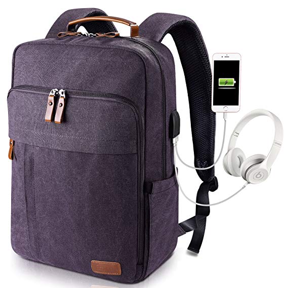Estarer Mens Laptop Rucksack 17-17.3 Inch with Multi Compartments,Smart Canvas Backpack USB Charging Port for Business Work School