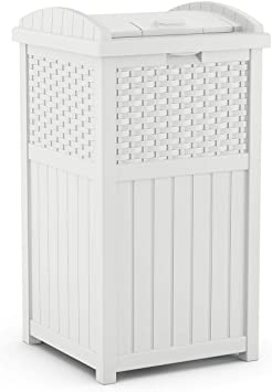 Suncast 33 Gallon Hideaway Trash Can for Patio - Resin Outdoor Trash with Lid - Use in Backyard, Deck, or Patio - White, Model:GHW1732WH