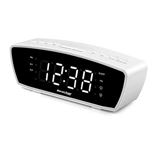 Reacher Modern Dual Alarm Clock Radio with Adjustable Alarm Volume for Heavy and Light Sleepers, USB Phone Charger Port, Sleep Timer, Dimmer, Snooze for Bedrooms Bedside (White)