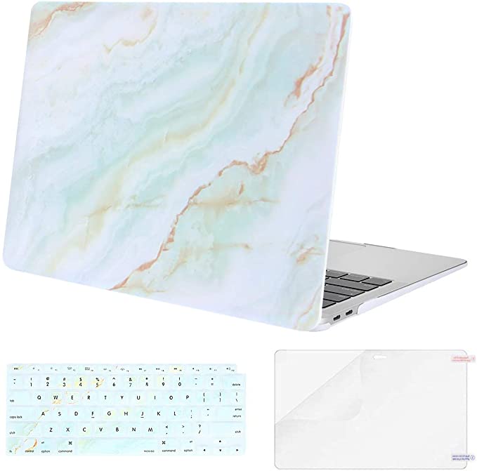 MOSISO Compatible with MacBook Air 13 inch Case 2020 2019 2018 Release A2337 M1 A2179 A1932 Retina Display Touch ID, Plastic Pattern Hard Case & Keyboard Cover & Screen Protector, White Green Marble