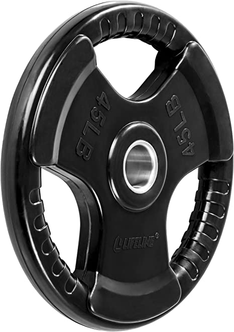 Lifeline Commercial-Grade Rubber Encased Olympic Grip Plates with Integrated Stainless Steel Collar Compatible with any Standard Olympic Bar
