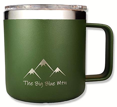 THE BIG BLUE MTN 14 oz Camp Mug Travel Tumbler Cup with Powder Coated Double Walled Vacuum Insulated Stainless Steel including Lid and Handle for Coffee Wine Water Tea Hot Cold Beverage Forest Green