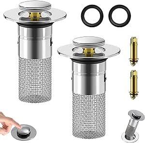 2Pcs Bathroom Sink Stopper Hair Catcher,Stainless Steel Pop Up Brass Core Odor Proof Drainage Sink Stopper Drain Strainer,for 1.1''-1.29'' Drain Pipes,Fits US Bathroom Sink Stopper Replacement