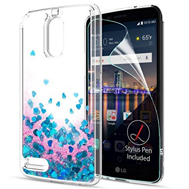 LG Stylo 3 Case,LG Stylo 3 Plus Case,Stylus 3 Liquid Case with HD Screen Protector,LeYi Cute Design with Moving Shiny Quicksand Glitter Girls Women Clear TPU Protective Case for LG LS777 ZX Blue