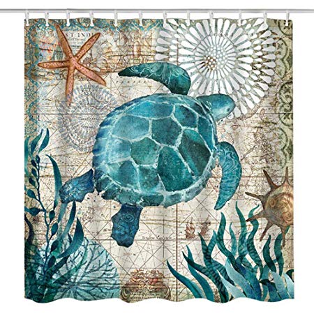 Urijk Sea Turtle Shower Curtain, 71” x 71”, Mildew Proof Waterproof Washable Polyester Fabric Sea Turtle Shower Curtain, Anti-Bacterial Non Toxic Eco-Friendly No Odor Bathroom Decor Set with Hooks