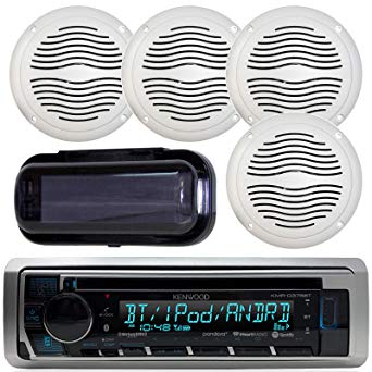 Kenwood KMR-D368BT Marine in-Dash Radio Bluetooth Receiver Bundle Combo with 2 Pairs of Magnadyne AquaVibe WR45W 5" Marine Hot Tub Outdoor Waterproof Speaker, Waterproof Receiver Shield Cover