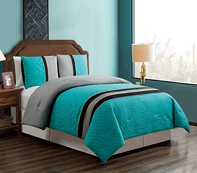 GrandLinen 3 Piece Teal Blue/Grey/Black Embroidery Bed in A Bag Down Alternative Comforter Set (California) Cal King Size Bedding. Perfect for Any Bed Room or Guest Room