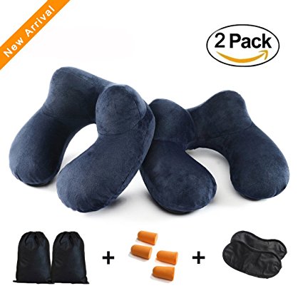 Travel Pillow, FMAB 2PCS Inflatable Neck Pillow with Ear Plugs, Eye Mask, Drawstring Bag and Soft Velvet Neck Support