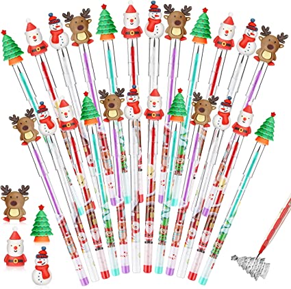 Christmas Pencils Christmas Multi Point Stackable Push Pencil with Christmas Santa Claus, Christmas Tree, Snowman, Elk for Kids Classroom Rewards, Christmas Favors Prize Stuffers (24 Pieces)