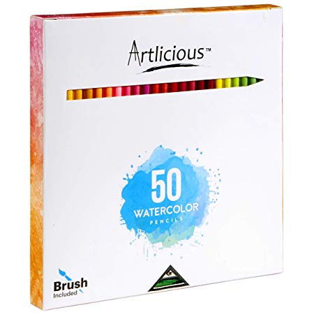 Artlicious - 50 Premium Distinct Watercolor Pencils for Adult Coloring Books - Bonus Sharpener - Color Names on Pencils