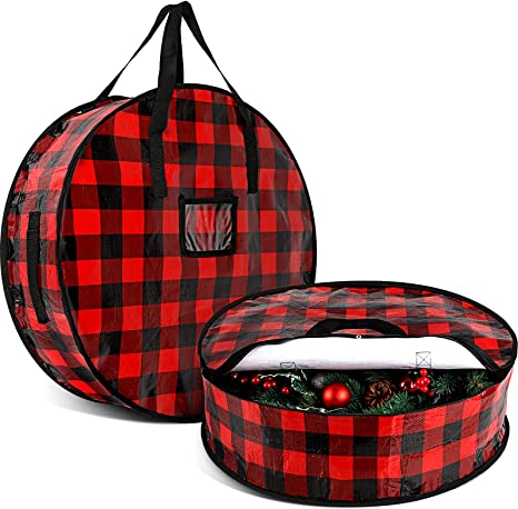 Shappy 2 Pieces Wreath Storage Bag 24 Inch, Garland Holiday Container with Buffalo Plaid Christmas Wreath Storage Box with Heavy Duty Handle and Clear Window for Xmas (Black and Red Plaid)