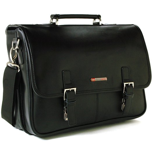 Alpine Swiss Hunter Leather Briefcase Dressy Flap-Over Buckle Computer Messenger Black