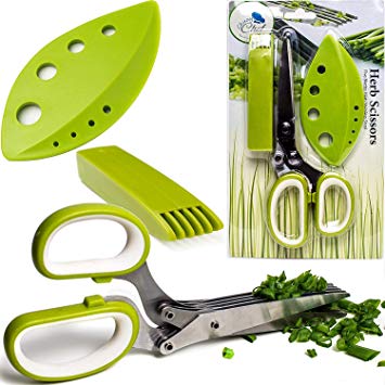 Herb Scissors Stripping Multipurpose Tool - Salad Cutter Herbs Stripper Shears Stainless Steel 5 Blade Gadget Fringe Chef Scissor Shear with Cleaning Brush Fun Kitchen Gadgets Tools Best Gift Idea