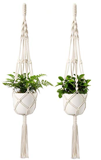 Mkono Macrame Plant Hangers with Pots 6.5 Inch Plastic Planter Included Indoor Hanging Planters Basket Holder (2 Plant Hangers and 2 Flower Pots) 41-Inch