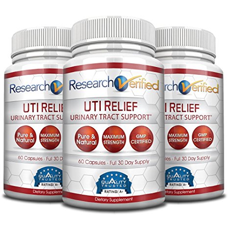 Research Verified UTI Relief - #1 Urinary Tract Infection Support Supplement - 100% Natural - W/ Lingonberry, Cranberry, D-Mannose - 100% Money Back - 3 Bottles (3 Months Supply)