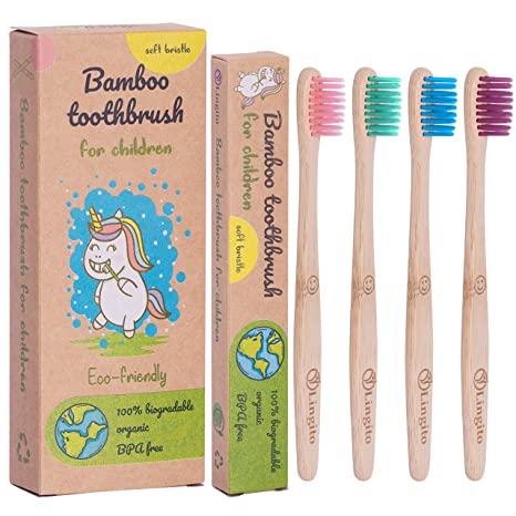 Bamboo Toothbrushes for KIDS! | Ultra-Soft Bristles for Gums | Eco-Friendly & Colorful Child Size Toothbrush | 4 Pack with Fun Colors!