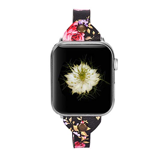 Wearlizer Floral Thin Leather Compatible with Apple Watch Bands 38mm 40mm iWatch Womens Rivet Flower Printed Wristband Leisure Sports Bracelet with Silver Metal Clasp for Series 4 3 2 1 Sport Edition