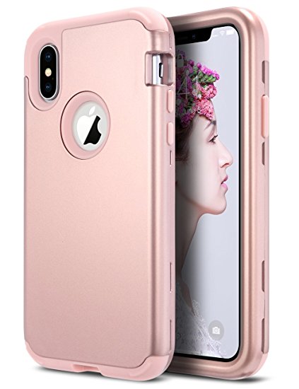 iPhone X Case,ULAK Heavy Duty Protection iPhone X Case Hybrid Soft Rubber Silicone & Hard PC Shock Absorbing Dust Scratch ANTI-Stratch Slim Protective Cover, Rose Gold