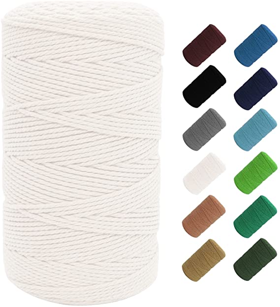 SUNTQ Macramé Cord 2mm x 327 Yards, Colored Natural Macrame Cotton Rope, 3 Strands Twisted Cotton Cord Macrame Yarn, Cotton String for Macrame Plant Hangers, Wall Hanging Decor, Off White