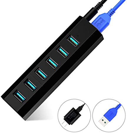 USB Hub, Aiibe 6 Ports Super High Speed USB 3.0 Hub Splitter   10W Power Adapter   USB 3.0 Cable, Black Smart Fast Charger Powered USB Hub for Laptop, Mac, PC, Mobile HDD, Mulitple Devices