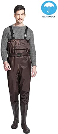 Men Waders Waterproof Chest Waders Bootfoot Chest Wader Light Hunting Fly Fishing Waders for Men with Boots Nylon/PVC Wader Camouflage/Brown 8-14