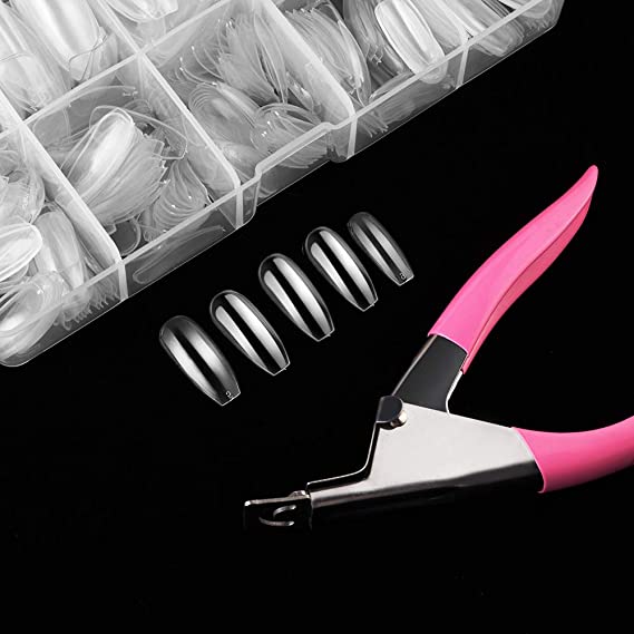 ANNMEXX 500pcs Acrylic Clear Full Cover Fake Nail Tips and Nail Cutter, Artificial False Nail Tips, Square Shaped, 10 kinds of Sizes, 50Pcs per Size