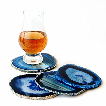 Pantrasamia Agate Coaster Cup Mat Natural Sliced Agate Beverage Coasters for Drinks Gift Set of 4 Plates (3.5-4 Inch, Blue)