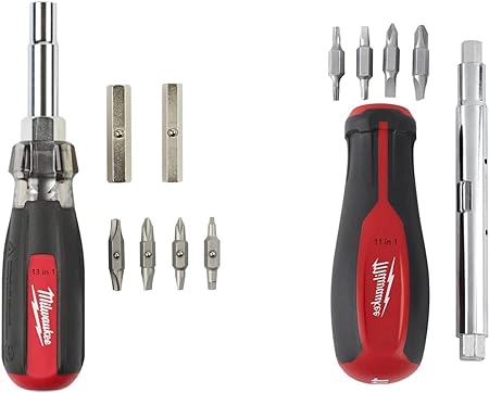 Milwaukee 11-in-1 Multi-Tip Screwdriver with Square Drive Bits and 13-in-1 Multi-Tip Cushion Grip Screwdriver Sets (48-22-2880-2761), Red (‎48-22-2302-2880-2761)