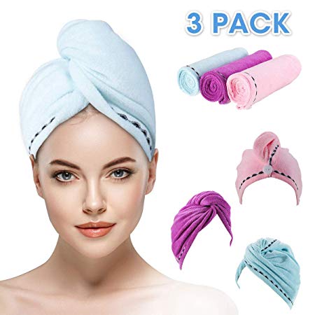 OUTERDO 3 Pack Microfiber Hair Towel Wrap Towel Twist Turban Super Absorbent Fast Dry Hair Caps Fasten Salon Dry Hair Hat with Buttons Bath Loop White-Red-Purple