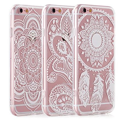 iPhone 6s Case, FiveBox 3-Pack Ultra Thin [Shockproof] Silicone TPU Gel Clear Case, Henna White Floral Paisley Flower Mandala Flowers Pattern Hard Back Protective Bumper Case for iPhone 6, iPhone 6s