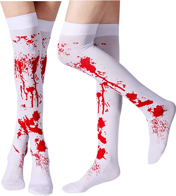 Tatuo Women Stockings High Socks for Halloween Cosplay Costume, 2 Pairs (Blood Stained) White and Red