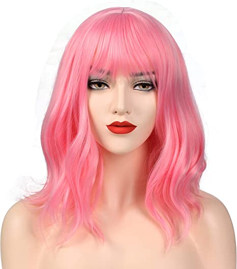 OKVGO Short Curly Bob Wig with Wig Cap for Women Cosplay Party and Daily Use Rouge Pink