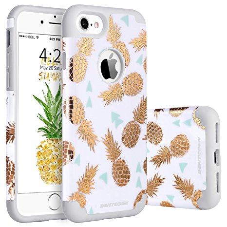 iPhone 8 Case, Pineapple iPhone 7 Case, BENTOBEN Ultra Slim Gold Pineapple Design Hard PC Soft Rubber Silicone Glossy Anti-Scratch Shock Proof Protective Case Cover for iPhone 7/8 4.7", White/Gold