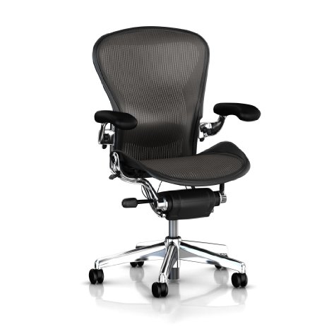 Herman Miller Executive Aeron Task Chair: Highly Adjustable w/PostureFit Lumbar Support - Fully Adjustable Leather Arms - Tilt Limiter - Size B - Standard Carpet Casters - Polished Aluminum Frame/Carbon Classic Pellicle