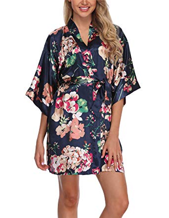 Women's Floral Satin Kimono Robes Short Bridesmaid Robes for Wedding Party