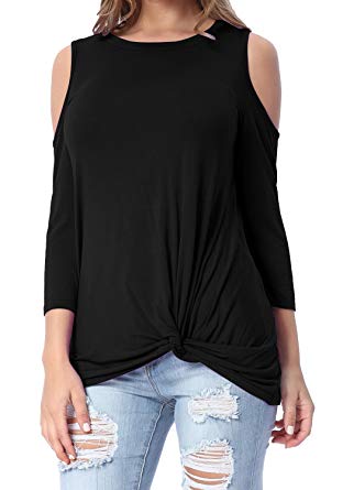 Levaca Womens 3/4 Sleeve Off Shoulder Loose Tops Twist Front Casual T Shirts