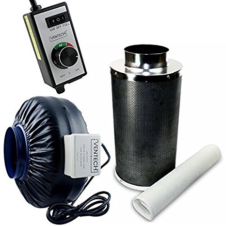 VenTech VT IF6 CF6-B Inline Exhaust Blower Fan with Carbon Filter and Variable Speed Controller, 440 CFM, 6"