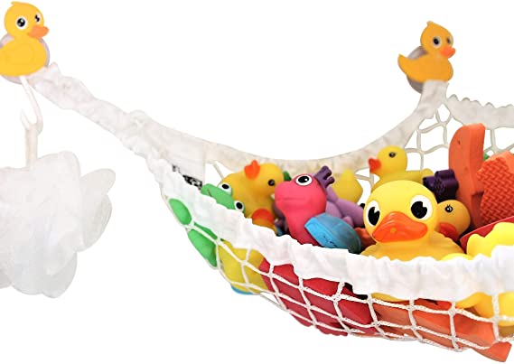MiniOwls Bathtub Toy Storage Hammock - with 3 Yellow Duck Suction Cups & Free Toothbrush Holder - % Donation to Autism Foundation. (Yellow)
