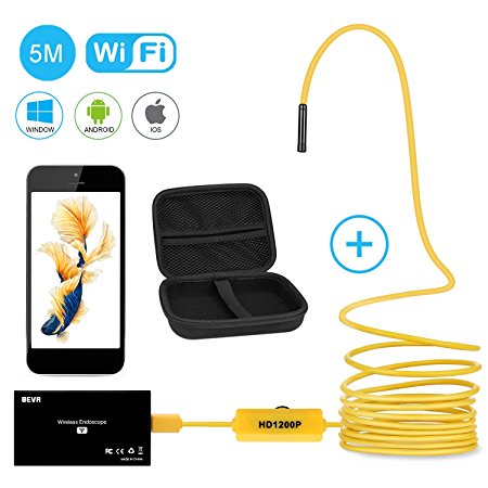 Wireless Endoscope, BEVA Upgraded 2 in 1 Borescope Inspection Camera 2.0 Megapixels 1200P HD Snake Camera for Android and IOS Smartphone , iPhone, Samsung, Tablet, PC (5M)