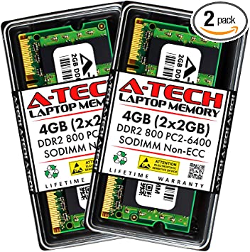 A-Tech 4GB (2x2GB) DDR2 800MHz SODIMM PC2-6400 1.8V CL6 200-Pin Non-ECC Unbuffered Laptop RAM Memory Upgrade Kit