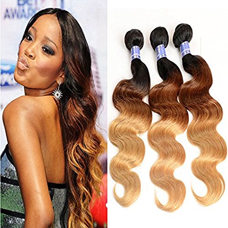 Black Rose Hair Ombre Hair Peruvian Body wave 3 Bundles Virgin Human Hair Weave Weft Mixed Length(18 20 22) Three Tone Color 1B/4/27# Tangle-free