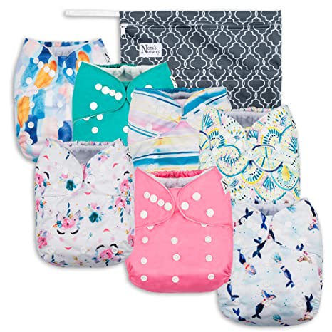 Sea'N Stars Baby Cloth Pocket Diapers 7 Pack, 7 Bamboo Inserts, 1 Wet Bag by Nora's Nursery