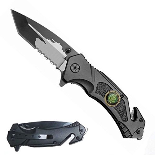 Rogue River Tactical Black USA ARMY Spring Assist Rescue Pocket Knife Army Tank Tanto Blade with Glass Breaker & Seat Belt Cutter Assisted