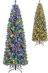 Goplus 7.5ft Pre-Lit Blue Slim Pencil Christmas Tree, Artificial Hinged Skinny Xmas Tree with 250 Warm White & Multicolored LED Lights, 9 Modes, 724 Branch Tips, Metal Stand, Home Office Decoration