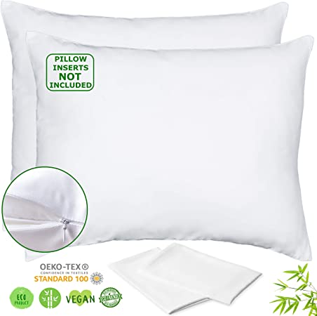 Luxurious 156gsm Lyocell Bamboo Pillowcase - 2 King Zippered Pillow Cases 20x36 inches, White, Hypoallergenic Cooling Silky Lyocell from Organic Bamboo Fiber, Like Silk Pillowcase for Hair and Skin